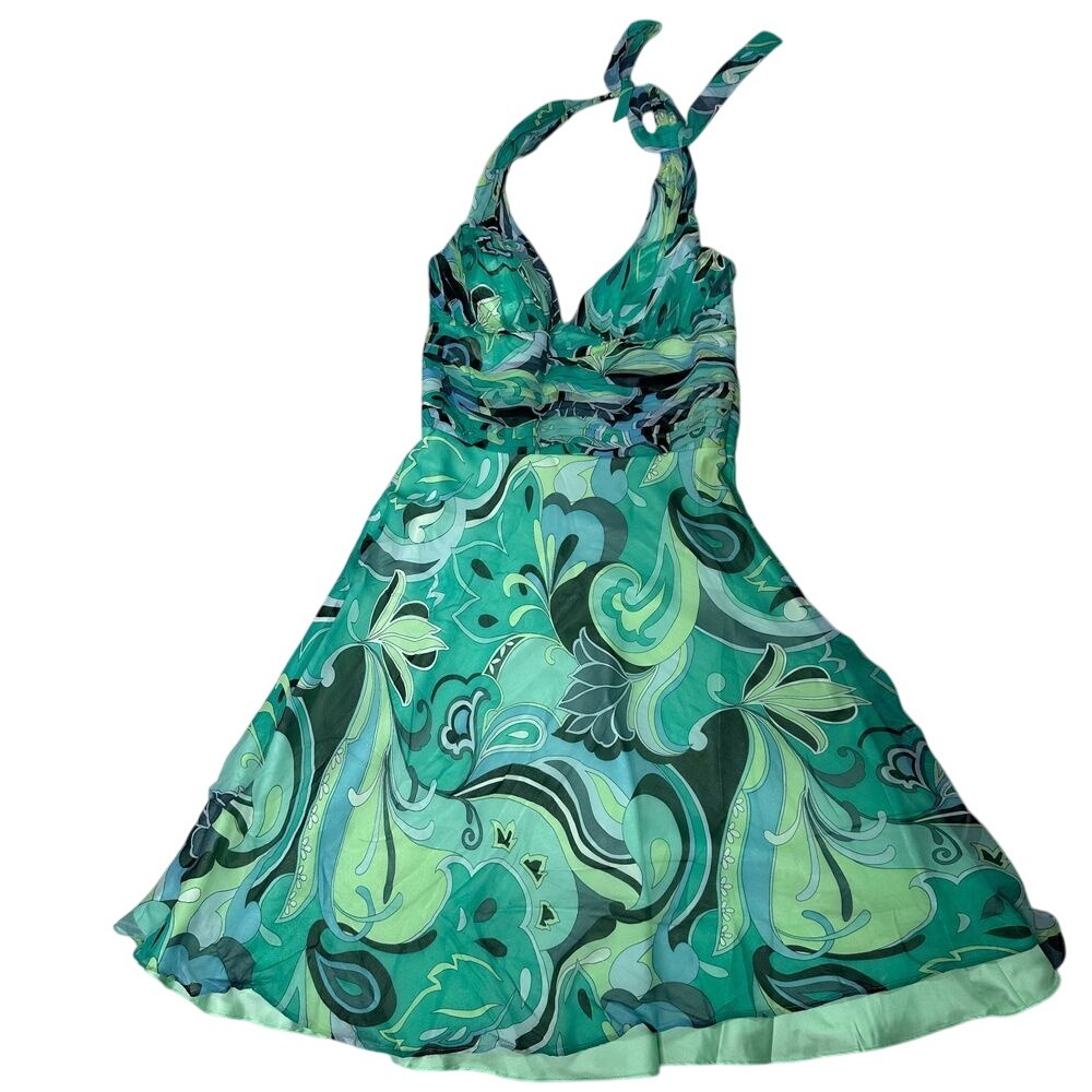 Morrell Maxie Pucci‎ inspired Y2K green halter chiffon flowy dress midi size 10
